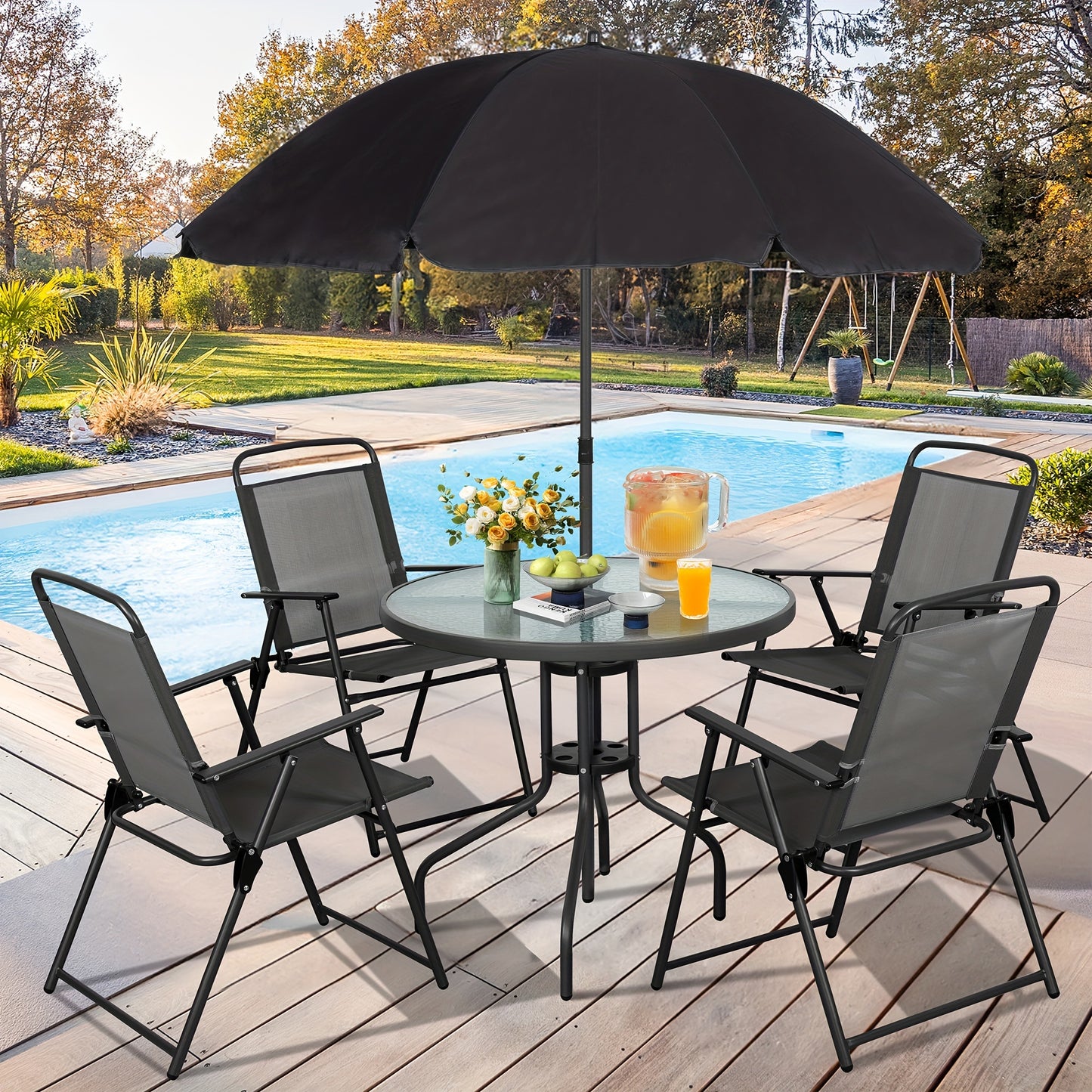 Vongrasig 6 Piece Folding Patio Dining Set, Small Metal Outdoor Garden Patio Table and Chair Set w/Umbrella for Lawn, Deck, Backyard