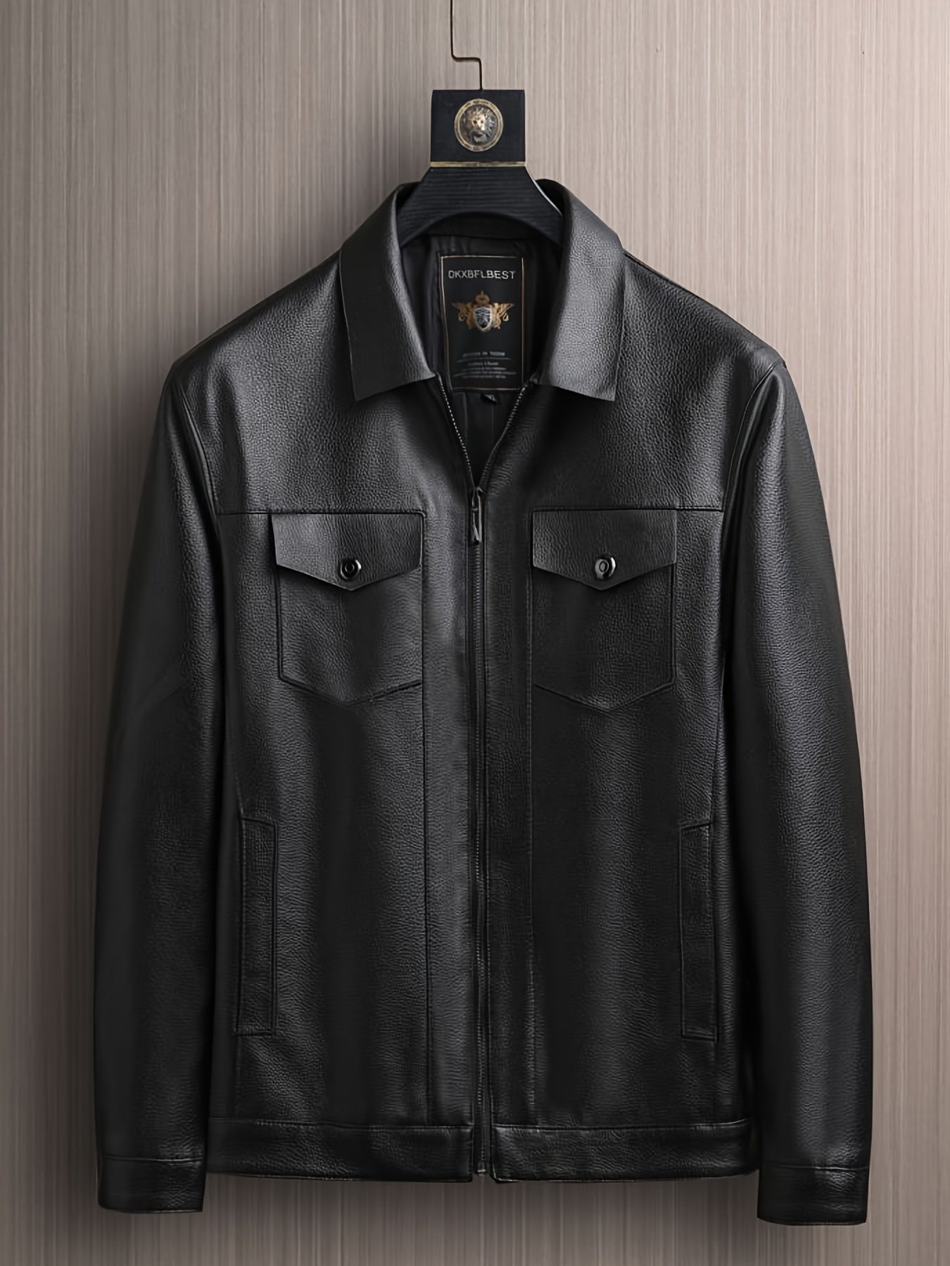 Full Zip Up PU Jacket, Men's Casual Windbreaker Jacket Faux Leather Coat Lapel Coat For Spring Autumn