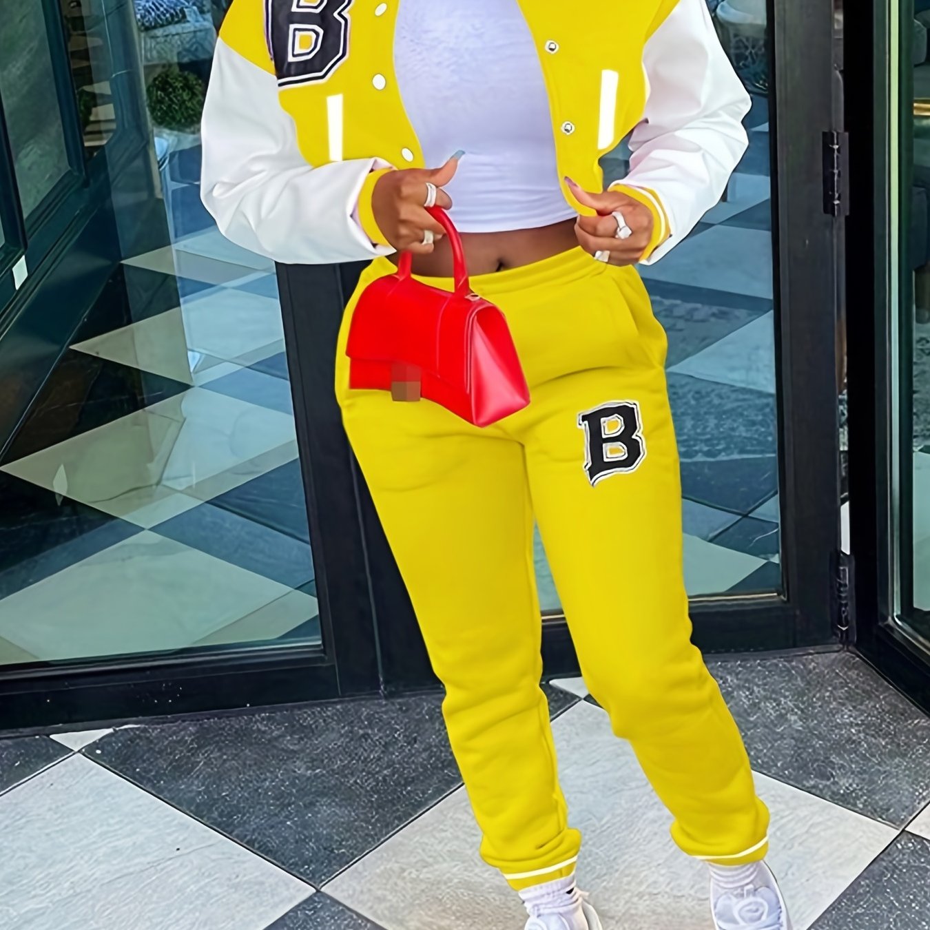 Sporty Chic, Women's Casual Letter Print Baseball Jacket and Pants Set - Red and White, Polyester Blend, Machine Washable, Fall/Winter Fashion Ensemble