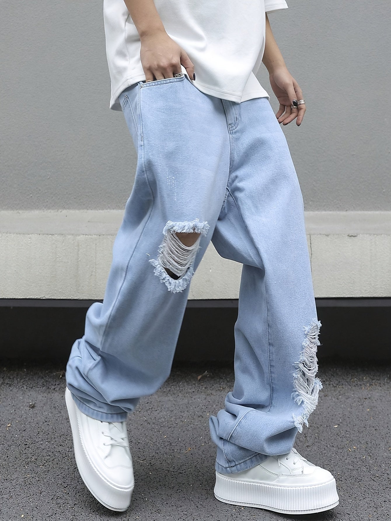 Relaxed Fit Wide Leg Ripped Jeans for Men - Stylish Comfortable Denim Pants with Street Style Fashion, Loose Fit, Comfy, Fashionable, and Trendy - Perfect for Casual Daily Wear