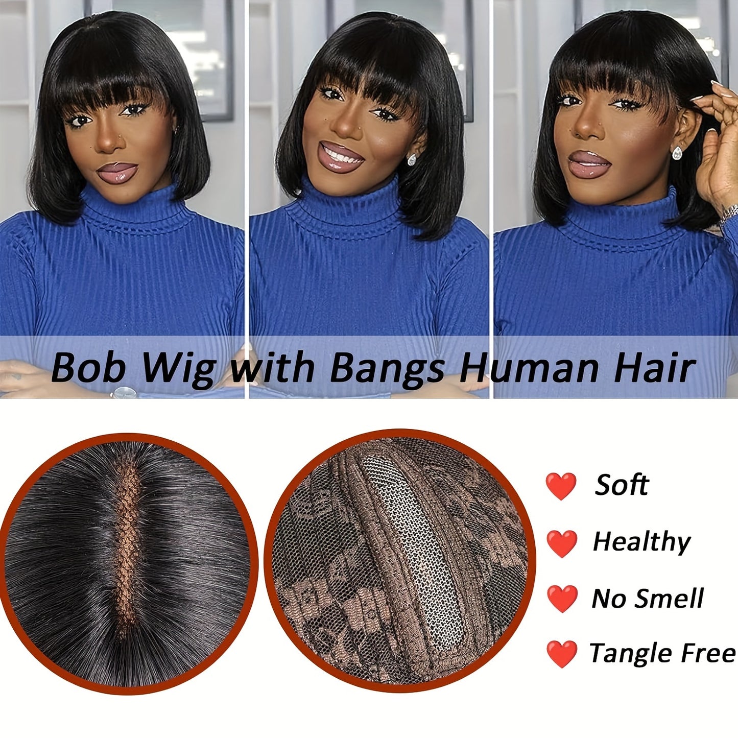 Women's Glueless Bob Wig with Bangs - Natural Black Human Hair, 150% Density (2x1 Ratio), Brazilian Hair, No Glue Needed, Adjustable Bangs & Pre-Plucked Front with Baby Hair, Everyday & Special Occasion Hairstyle - Suitable f