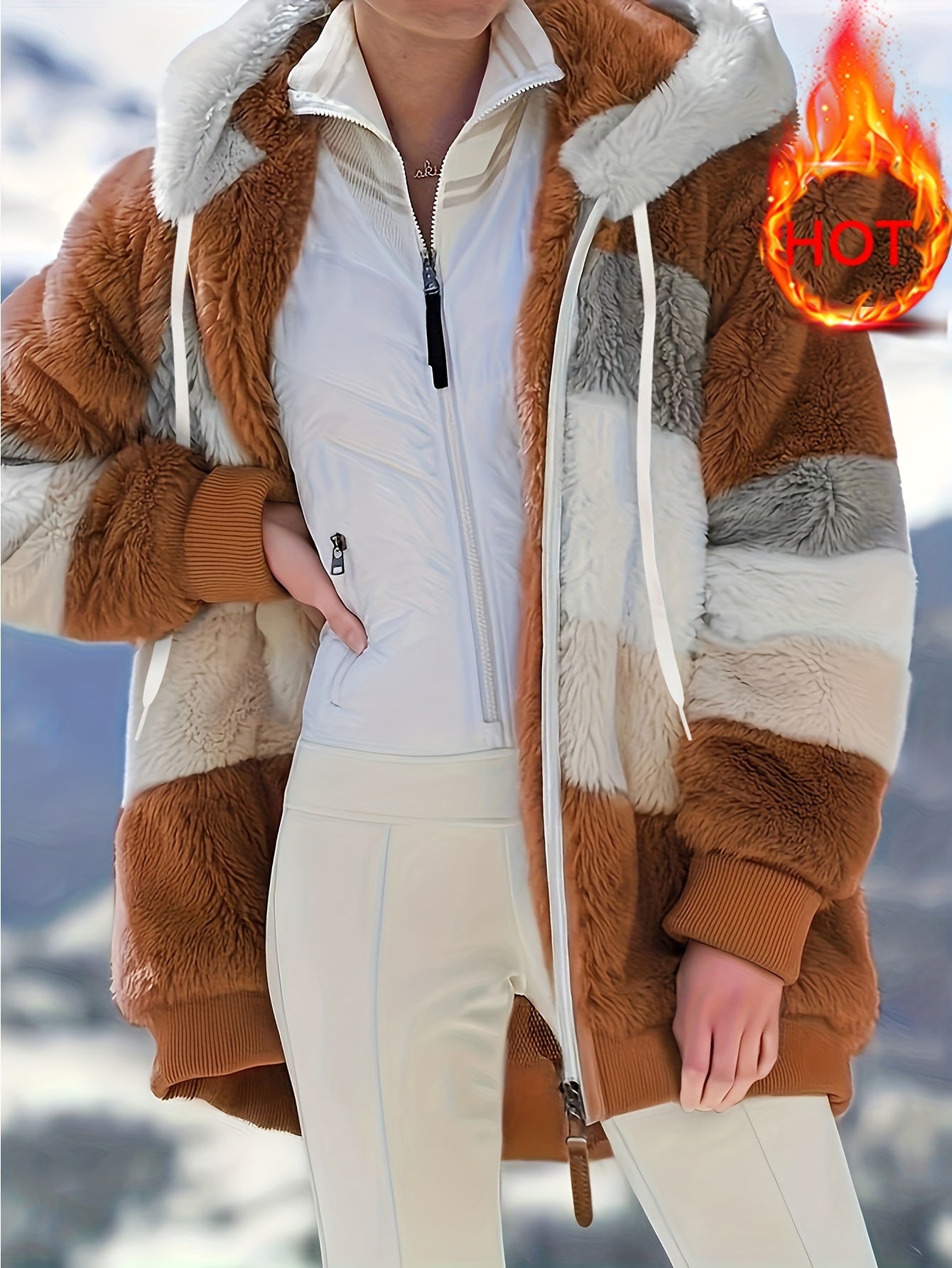 Women's Cozy Fur-Trimmed Hooded Jacket - Multicolor Striped, Loose Fit, Long Sleeve, Fall/Winter Fashion Outerwear with Pockets, Cozy Travel Jacket | Vacation Style Jacket | Plush Polyester