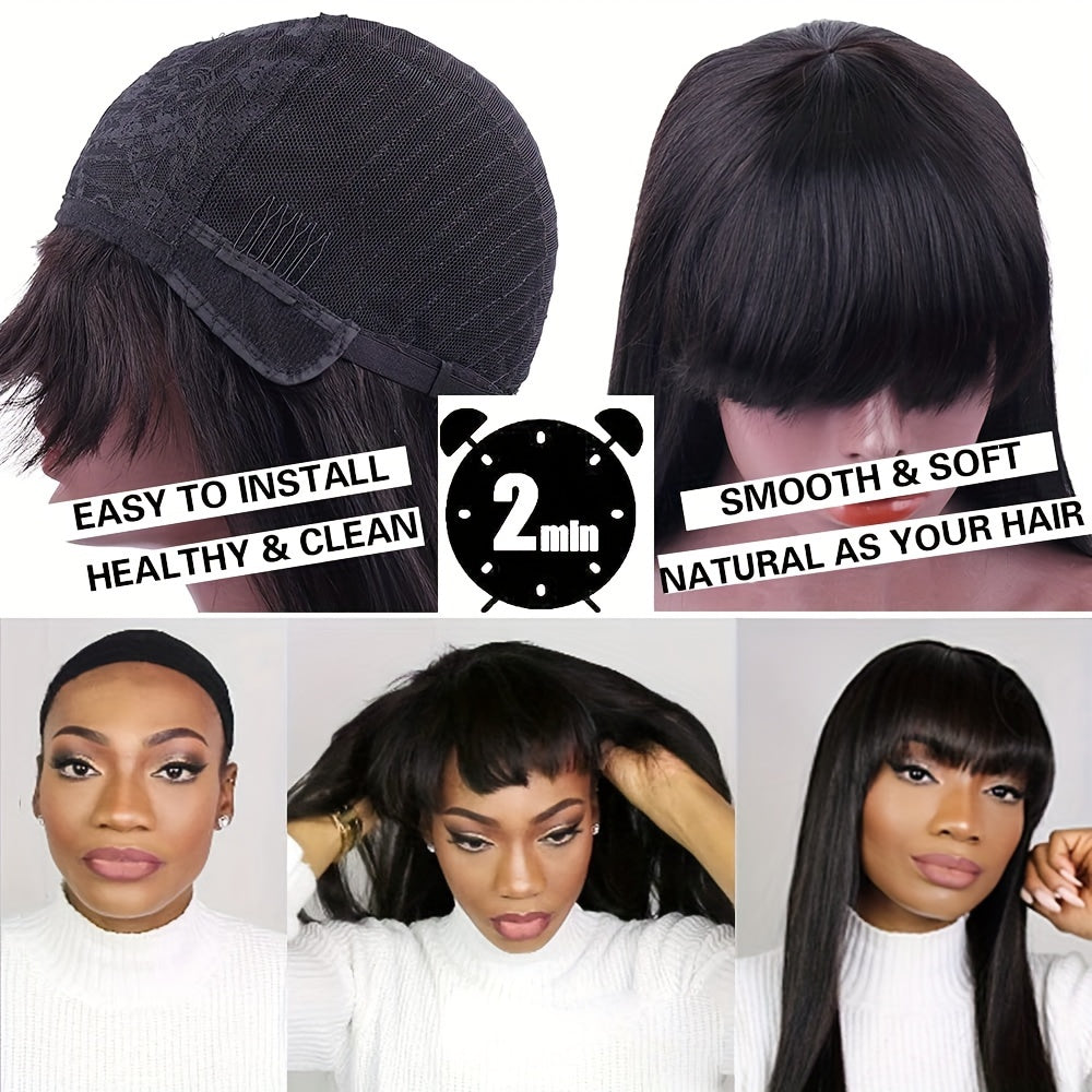 Straight Human Hair Wigs With Bangs None Lace Front Wigs 180% Density Brazilian Virgin Human Hair Glueless Machine Made Wigs For Black Women Natural Color