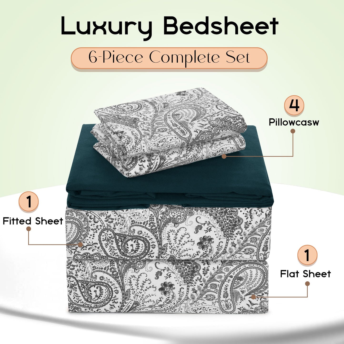 Lux Decor 6 Pieces Paisley Bed Sheet, Breathable Hotel Style Sheets, Microfiber Sheets Deep Pockets, Easy-Fit, Soft & Wrinkle Free Oeko-Tex Cooling Bed Sheets