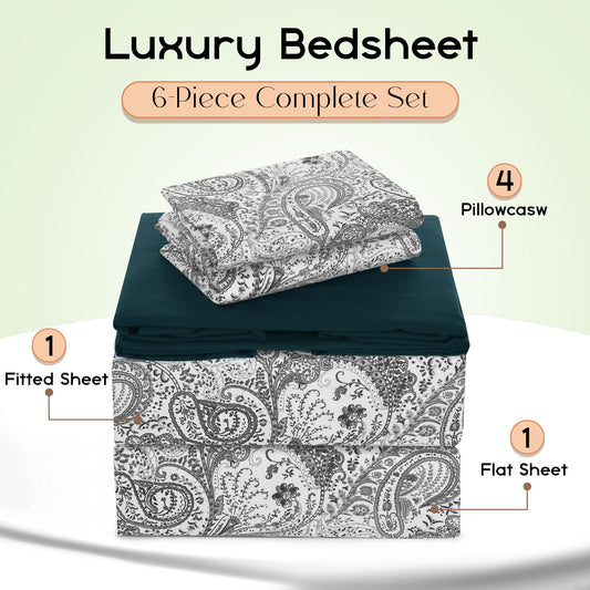 Lux Decor 6 Pieces Paisley Bed Sheet, Breathable Hotel Style Sheets, Microfiber Sheets Deep Pockets, Easy-Fit, Soft & Wrinkle Free Oeko-Tex Cooling Bed Sheets
