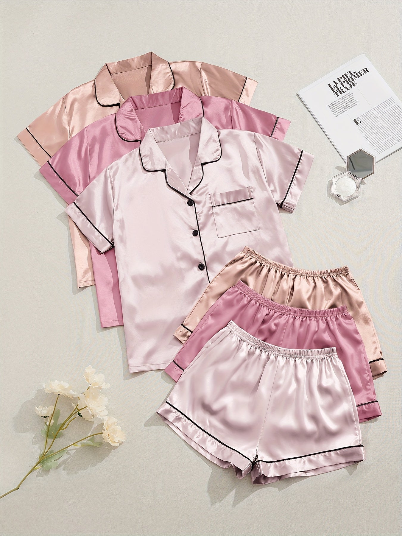 3 Sets of Luxurious Satin Pajama Sets - Soft Short Sleeve Lapel Tops, Elastic Waistband Shorts for Comfortable Women's Sleepwear and Loungewear - Perfect for Relaxation and Leisure Activities