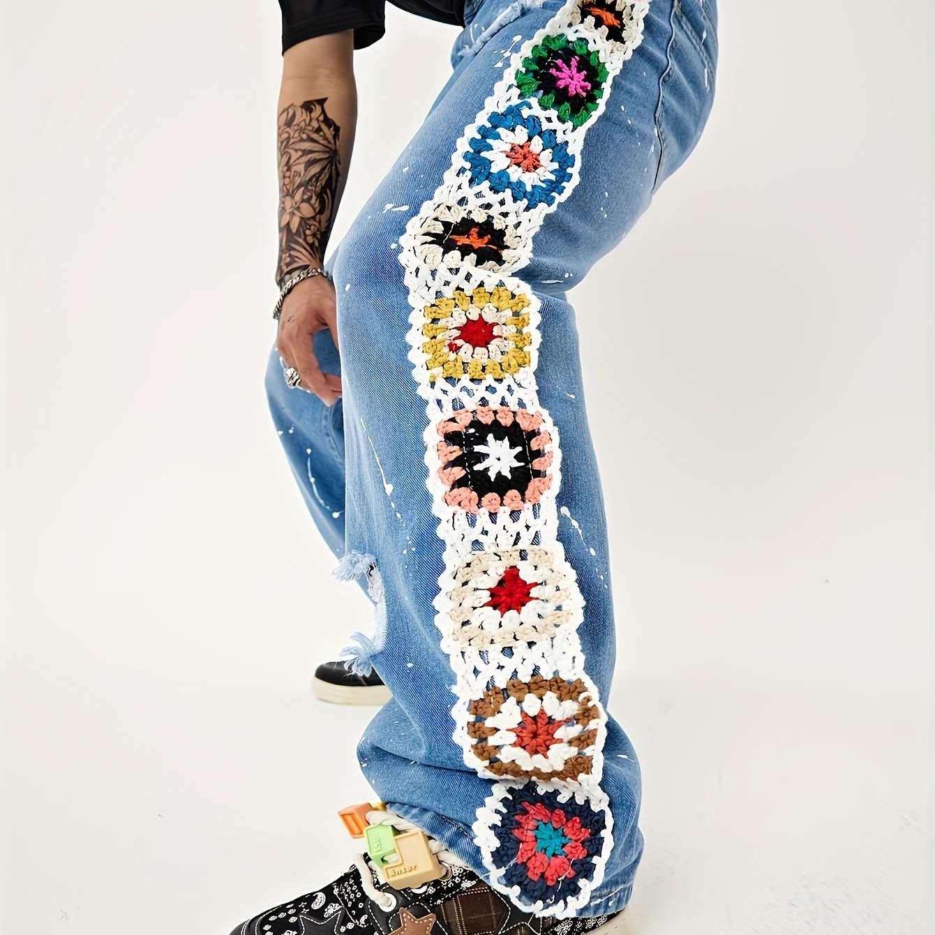 Unique Bohemian-Style Embroidered Wide-Leg Jeans for Men - Fashionable Artistic Denim Pants with Patchwork Design, Comfortable Fit, and Stylish Details - Perfect for Casual Wear and Fashion Enthusiasts