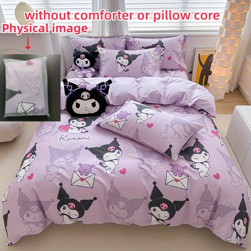 4pcs Kuromi Bed Sheet Set, Adorable Anime Print Bedroom Supplies, Fashion Quilt Cover, Bed Sheet,(1*quilt Cover+ 2*Pillowcase, 1*bed Sheet), Soft And Durable Bedding for Bedroom