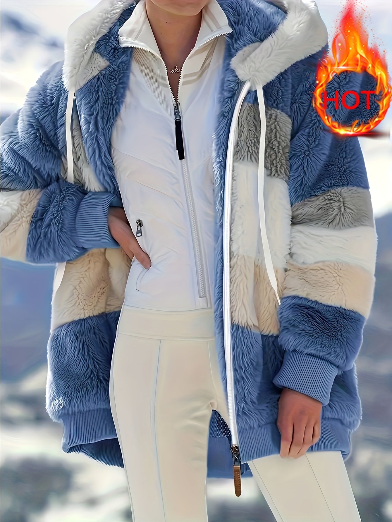 Women's Cozy Fur-Trimmed Hooded Jacket - Multicolor Striped, Loose Fit, Long Sleeve, Fall/Winter Fashion Outerwear with Pockets, Cozy Travel Jacket | Vacation Style Jacket | Plush Polyester