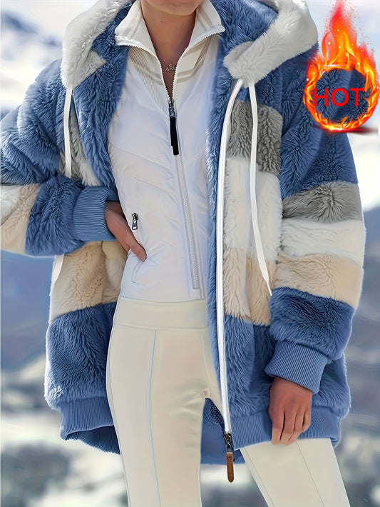 Women's Cozy Fur-Trimmed Hooded Jacket - Multicolor Striped, Loose Fit, Long Sleeve, Fall/Winter Fashion Outerwear with Pockets, Cozy Travel Jacket | Vacation Style Jacket | Plush Polyester
