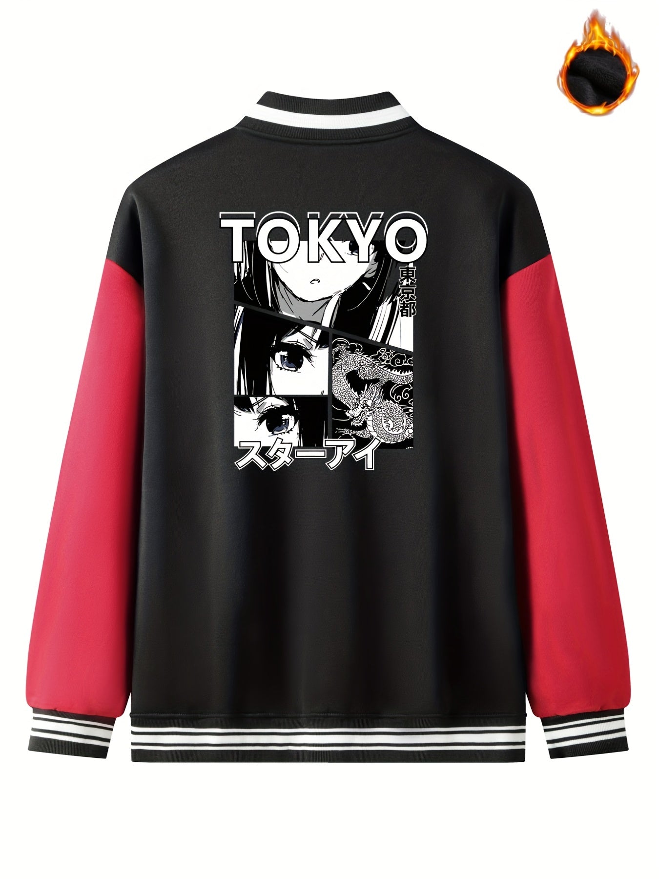 Men's Anime Portrait Embroidered Varsity Jacket - Casual Color Block Button Up for Spring and Fall Baseball and School