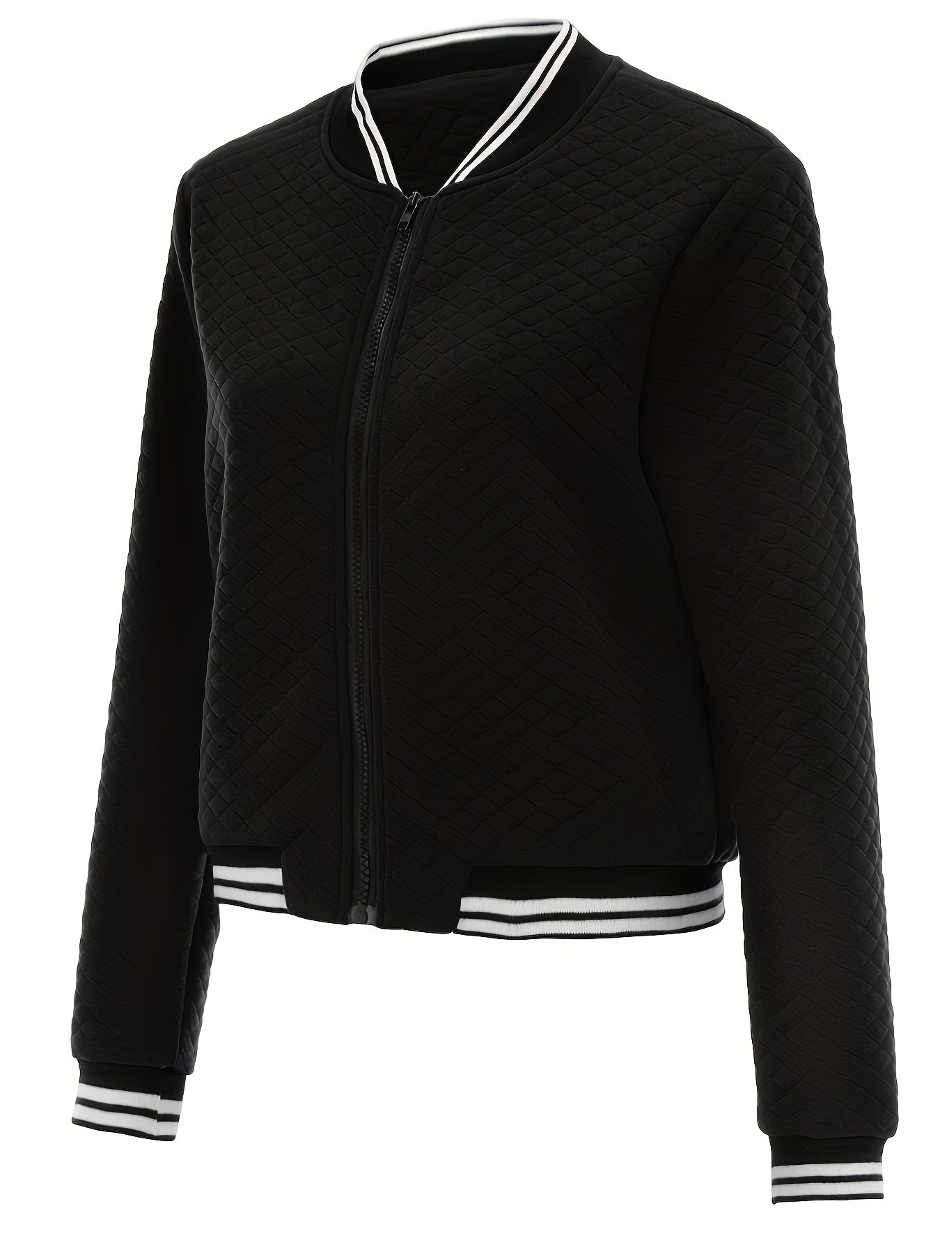 Women's Spring/Fall Bomber Jacket – Casual Contrast Zip, Durable Knit, Chic Solid Color, Easy-Care Style