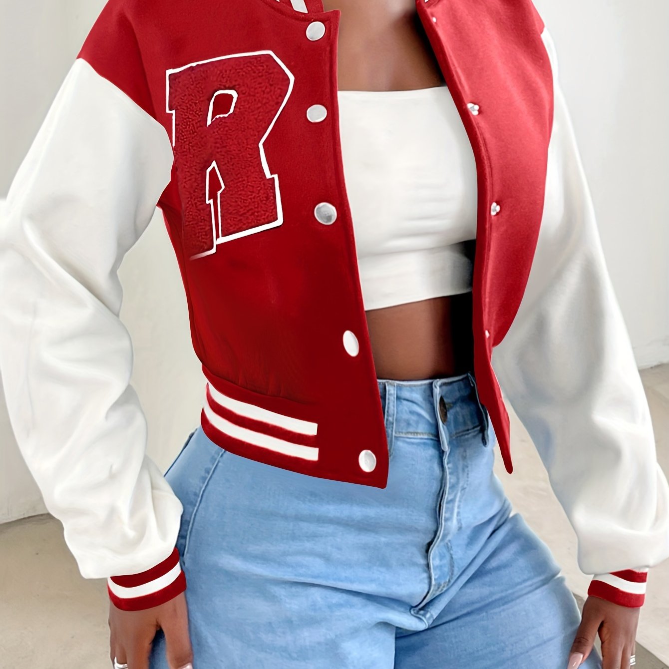 R Pattern Button Up Crop Bomber Jacket, Preppy Long Sleeve Jacket For Fall & Winter, Women's Clothing