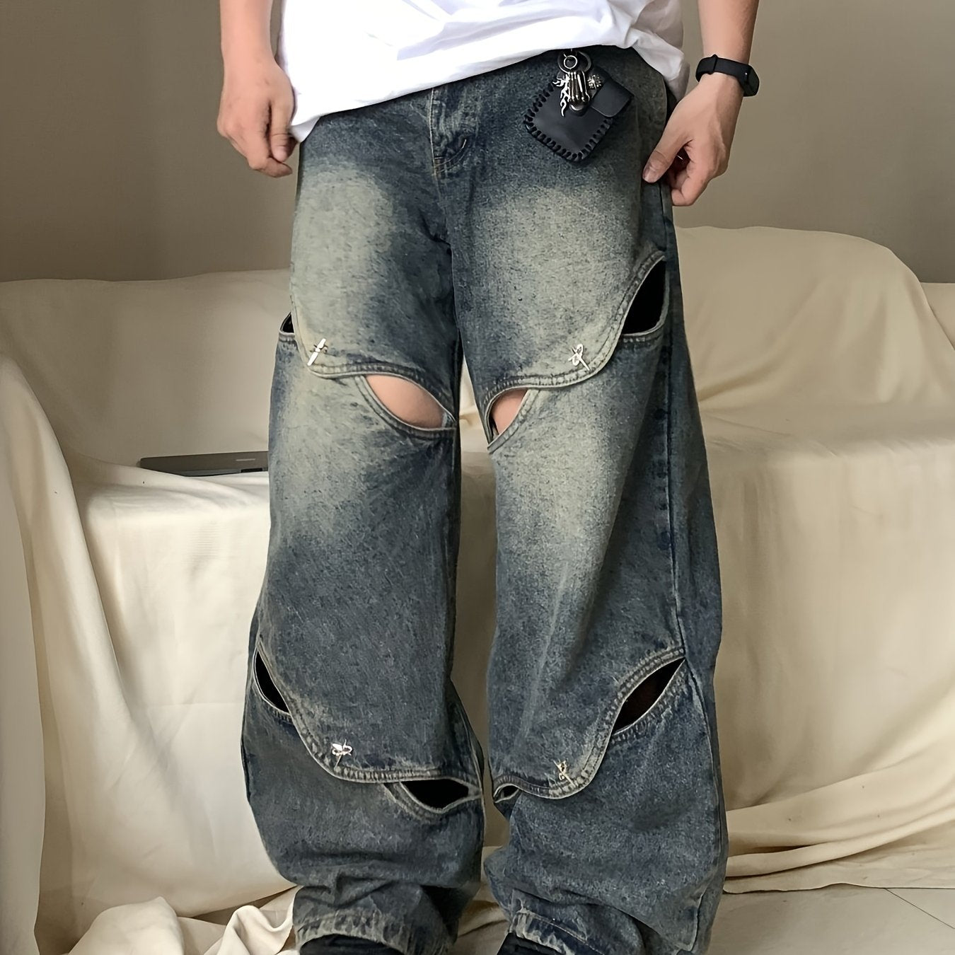 Vintage-Style Ripped Baggy Jeans for Men & Women - Distressed Streetwear with Multiple Pockets, Loose Fit Denim for Casual Outings, Casual Streetwear | Ripped Jeans Style | Pocket Details