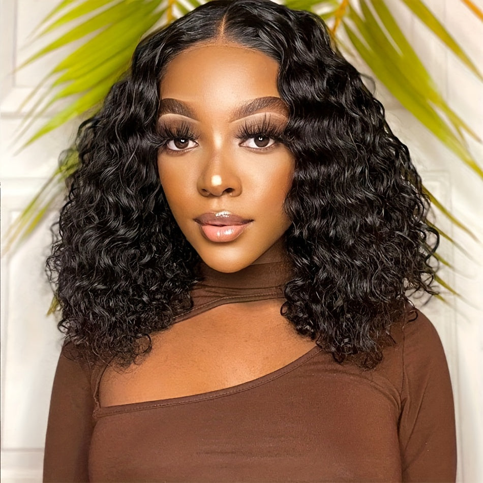 Glamorous Deep Wave Brazilian Human Hair Wig for Women - Glueless 4x4 Transparent Lace Frontal, Pre-Plucked, Free Part, 150% Density, Natural Black
