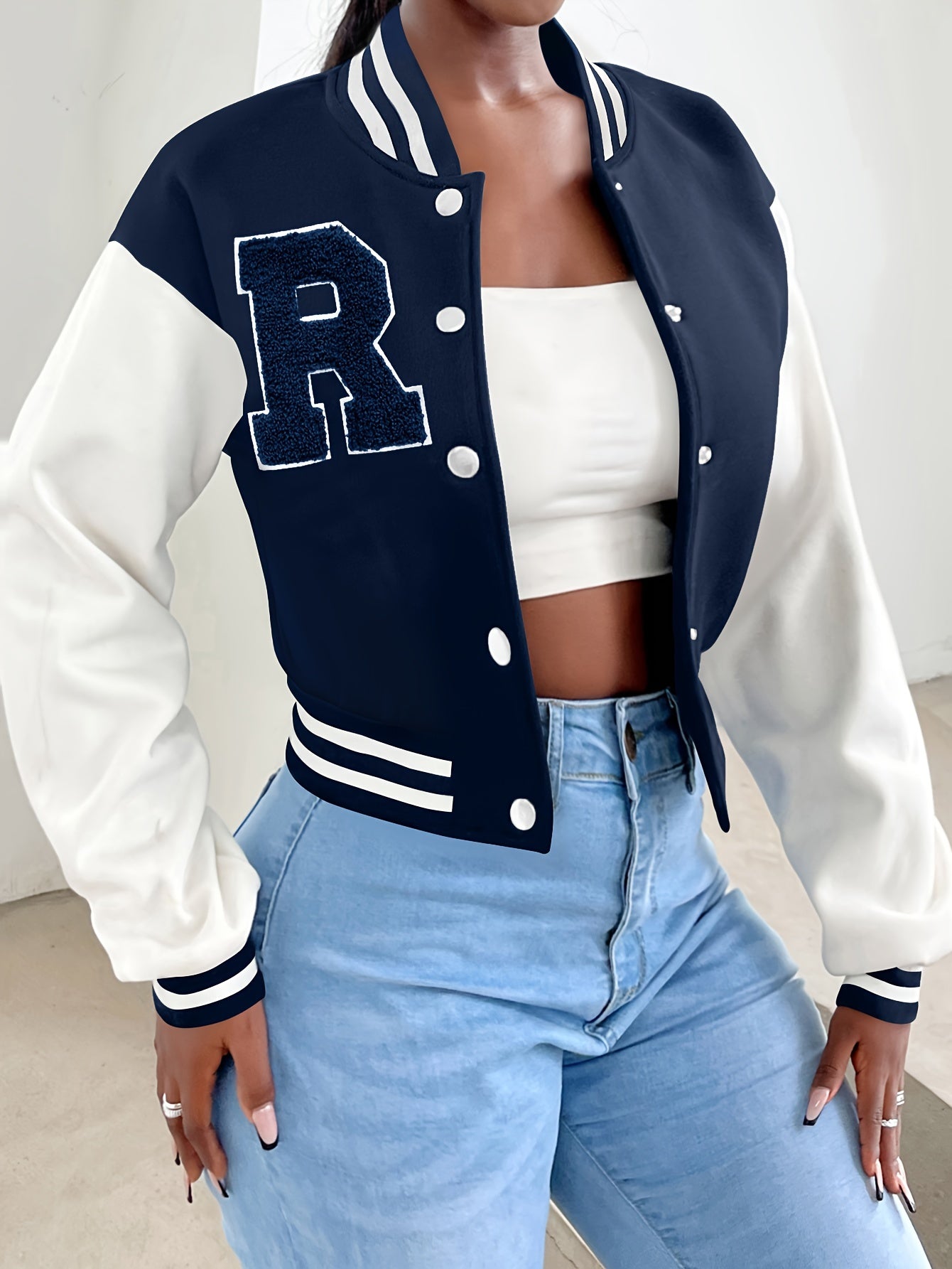 R Pattern Button Up Crop Bomber Jacket, Preppy Long Sleeve Jacket For Fall & Winter, Women's Clothing
