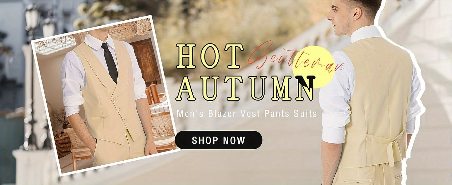 Formal 3 Pieces Set, Men's One Button Suit Jacket & Vest & Pants Suit Set For Business Dinner Wedding Party