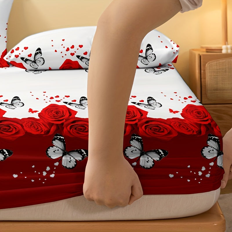 1pc Brushed Fitted Sheet (Without Pillowcase), Soft Comfortable Butterfly Red Rose Print Bedding Mattress Protector, For Bedroom, Guest Room, With Deep Pocket, Fitted Bed Sheet Only