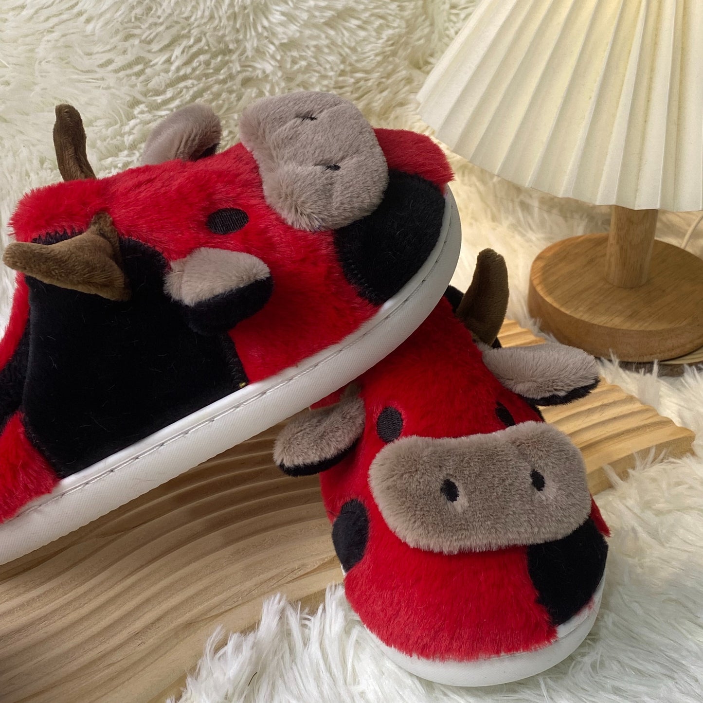 Adorable Cartoon Cow Plush Slippers for Women - Cozy Fabric Upper & PVC Sole, Soft Indoor Footwear with Fluffy White Trim, Cute Slippers