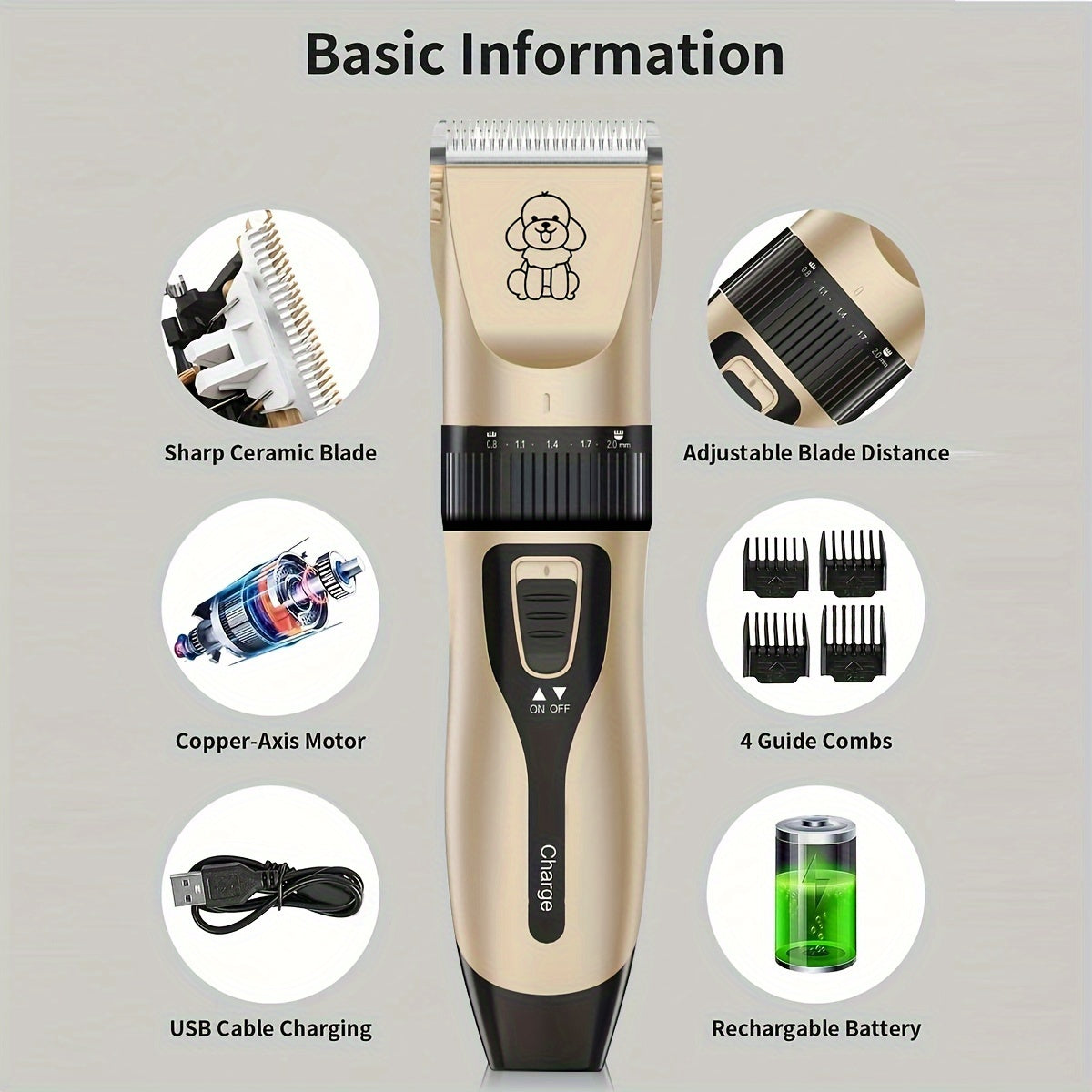 Low-Noise Professional Cordless Pet Grooming Clipper - USB Rechargeable Dog & Cat Hair Trimmer for All Pet Sizes & Hair Lengths - Lithium Battery-18650 Series, Suitable for Cats, Dogs & Human Hair