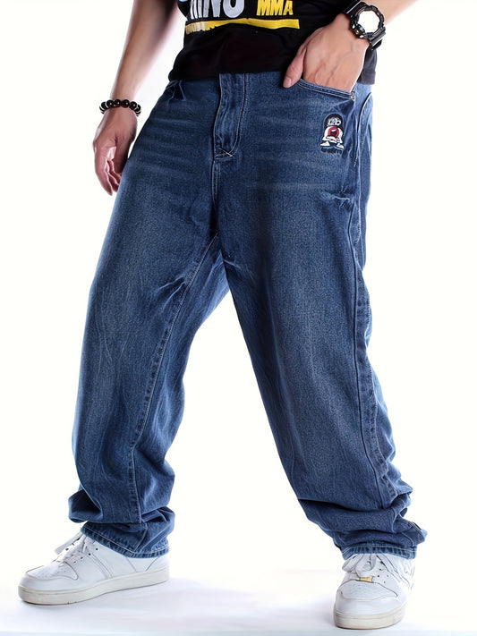[Loose Hip-hop Jeans for Men] Men's Loose Hip-hop Jeans, Men's Street Fashion Basic Loose Embroidery Long Pants, Street Dance Skateboard Pants, Suitable For All Seasons