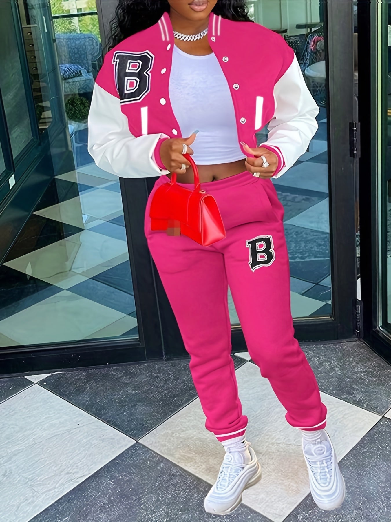 Sporty Chic, Women's Casual Letter Print Baseball Jacket and Pants Set - Red and White, Polyester Blend, Machine Washable, Fall/Winter Fashion Ensemble