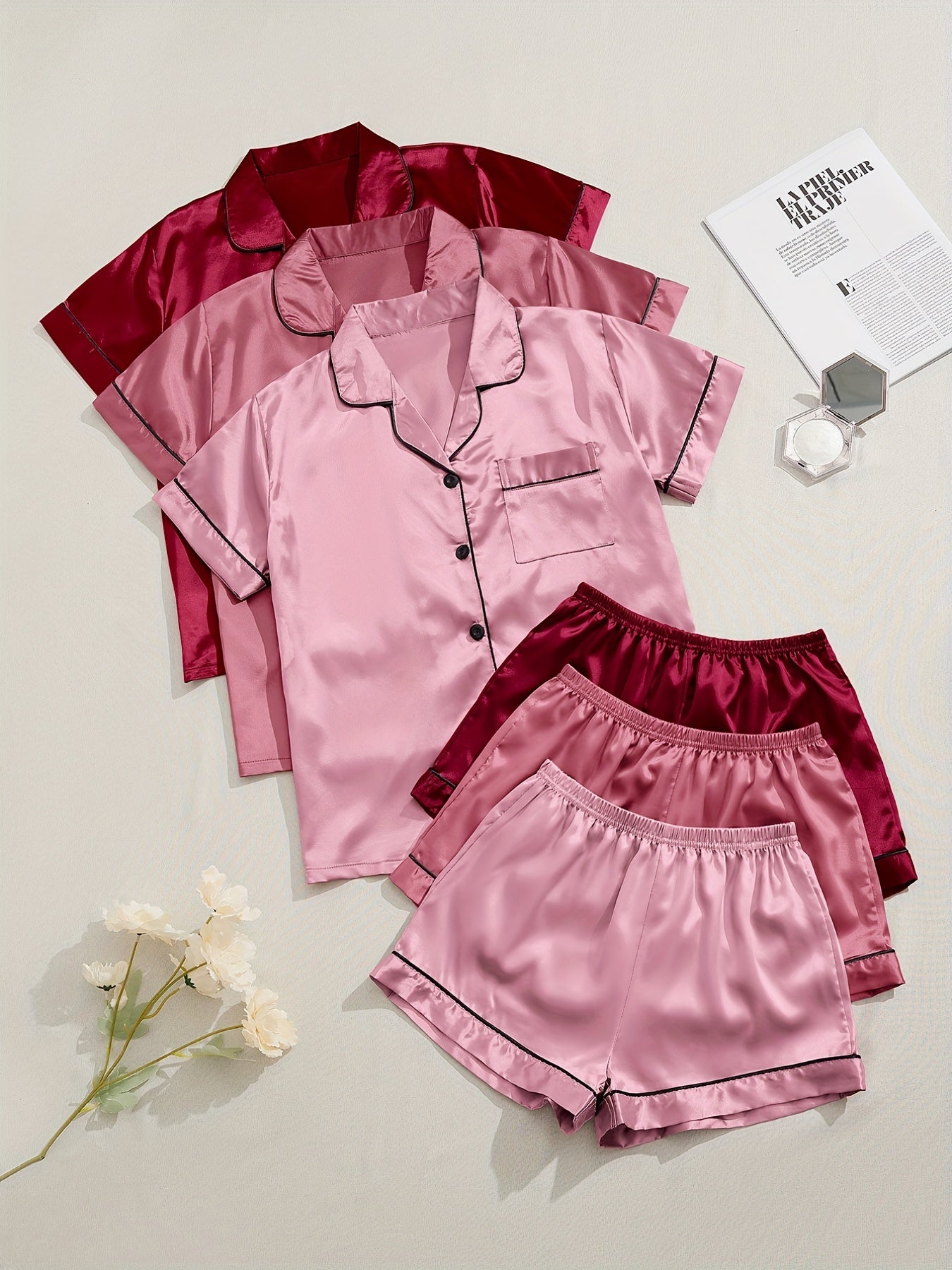 3 Sets of Luxurious Satin Pajama Sets - Soft Short Sleeve Lapel Tops, Elastic Waistband Shorts for Comfortable Women's Sleepwear and Loungewear - Perfect for Relaxation and Leisure Activities