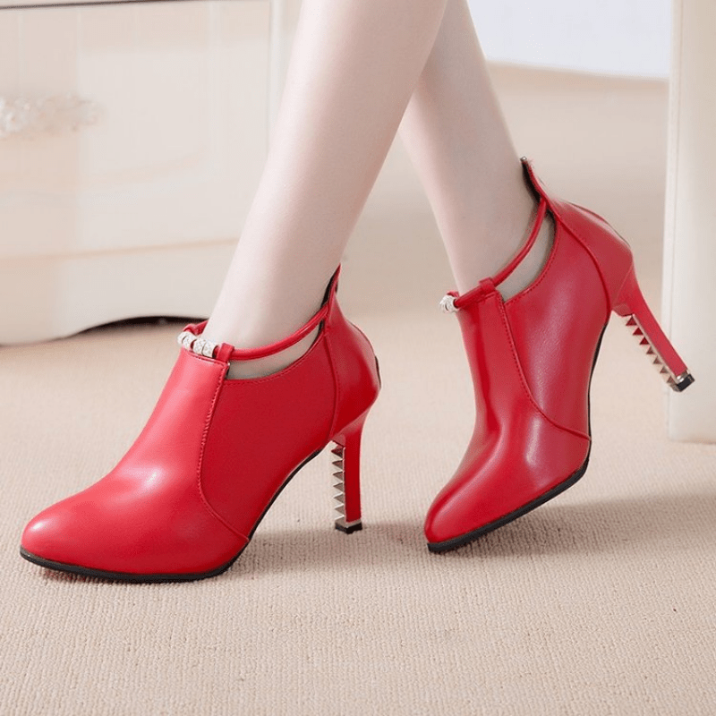 [Stiletto | Synthetic] Ultrahigh Stiletto Heels Women's Pointed Toe Ankle Boots | Synthetic, Casual Dress Style with Back Zipper, Metal Thin Heel, Rhinestone Detail | Fashion Comfortable Shoes for Autumn and Winter 2022