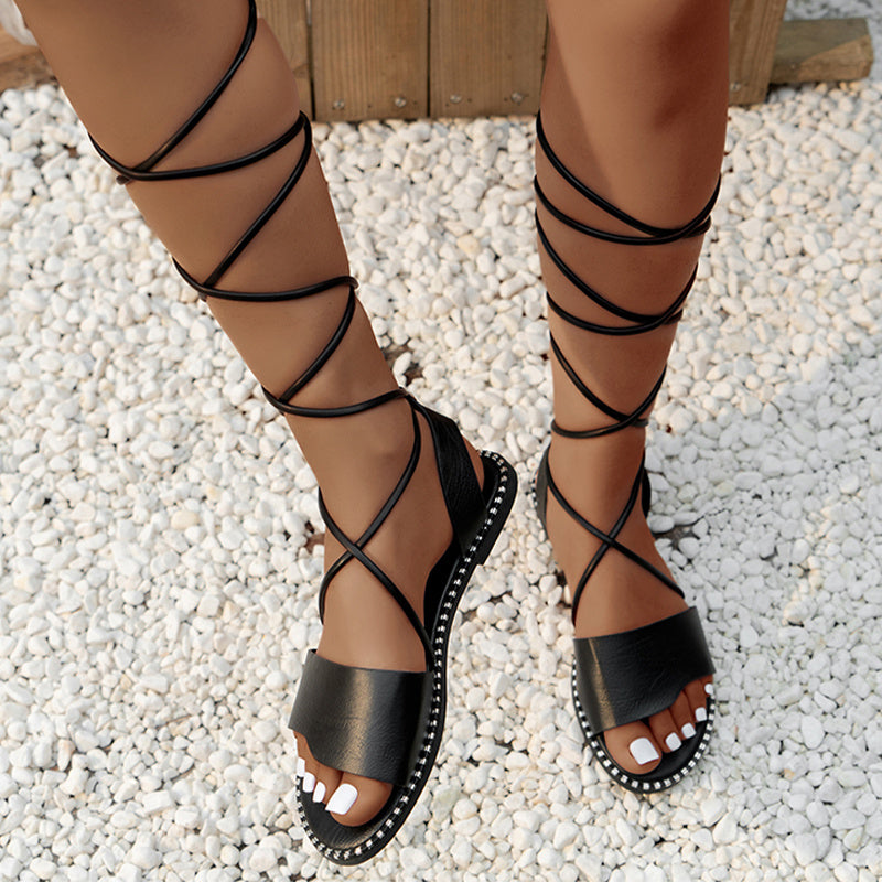 Stylish Women's Flat Sandals - Lace Up, Non Slip, Open Toe, Fashion Solid Color Design - Perfect for Casual Outdoor, Beach, Koningsdag/King's Day Celebrations