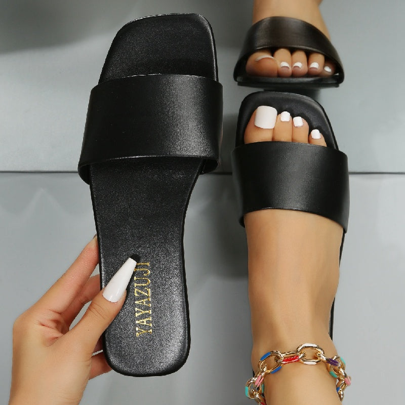 Women's Colorful Slide Sandals - Fashionable Open-Toe Flats with Ankle Strap, Faux Cover Upper & Rubber Sole, Casual Summer Shoes in Red, Green, Yellow, Blue, Brown, Black, White, Summer Footwear | Fashionable Flats | Durable