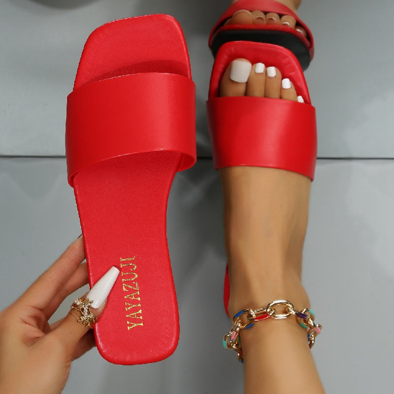 Women's Colorful Slide Sandals - Fashionable Open-Toe Flats with Ankle Strap, Faux Cover Upper & Rubber Sole, Casual Summer Shoes in Red, Green, Yellow, Blue, Brown, Black, White, Summer Footwear | Fashionable Flats | Durable