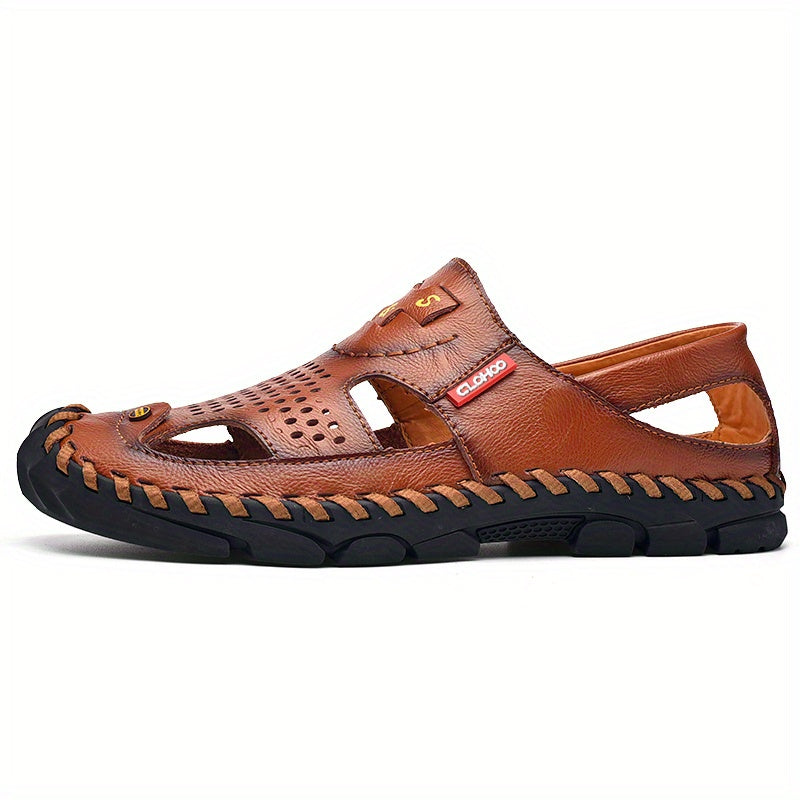 CLOHOO Mens Round Toe Sandals - Durable Handmade Stitching, Non-Slip Rubber Sole, Comfortable PU Insole, Breathable Fabric Lining, Second Layer Cowhide Upper, Slip-On Closure, Perfect for Indoor, Outdoor, Beach, Vacation, Spr