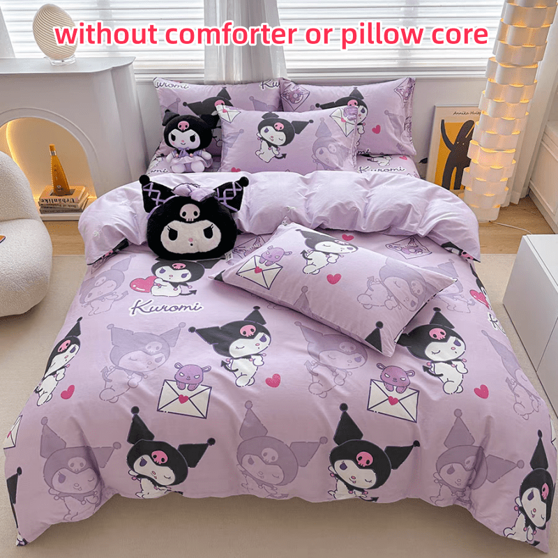 4pcs Kuromi Bed Sheet Set, Adorable Anime Print Bedroom Supplies, Fashion Quilt Cover, Bed Sheet,(1*quilt Cover+ 2*Pillowcase, 1*bed Sheet), Soft And Durable Bedding for Bedroom