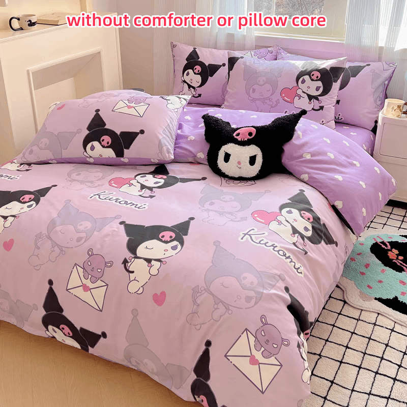 4pcs Kuromi Bed Sheet Set, Adorable Anime Print Bedroom Supplies, Fashion Quilt Cover, Bed Sheet,(1*quilt Cover+ 2*Pillowcase, 1*bed Sheet), Soft And Durable Bedding for Bedroom