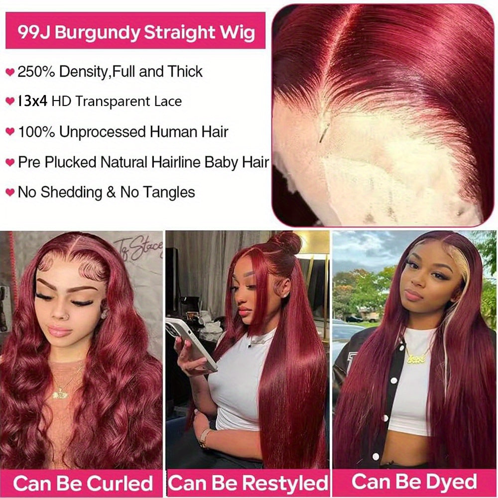250% Density 99J Burgundy 13X4 Lace Front Wigs Human Hair 250% Density Straight Human Hair Wigs HD Transparent Lace Front Wigs for Black Women with Bleached Knots Natural Hairline