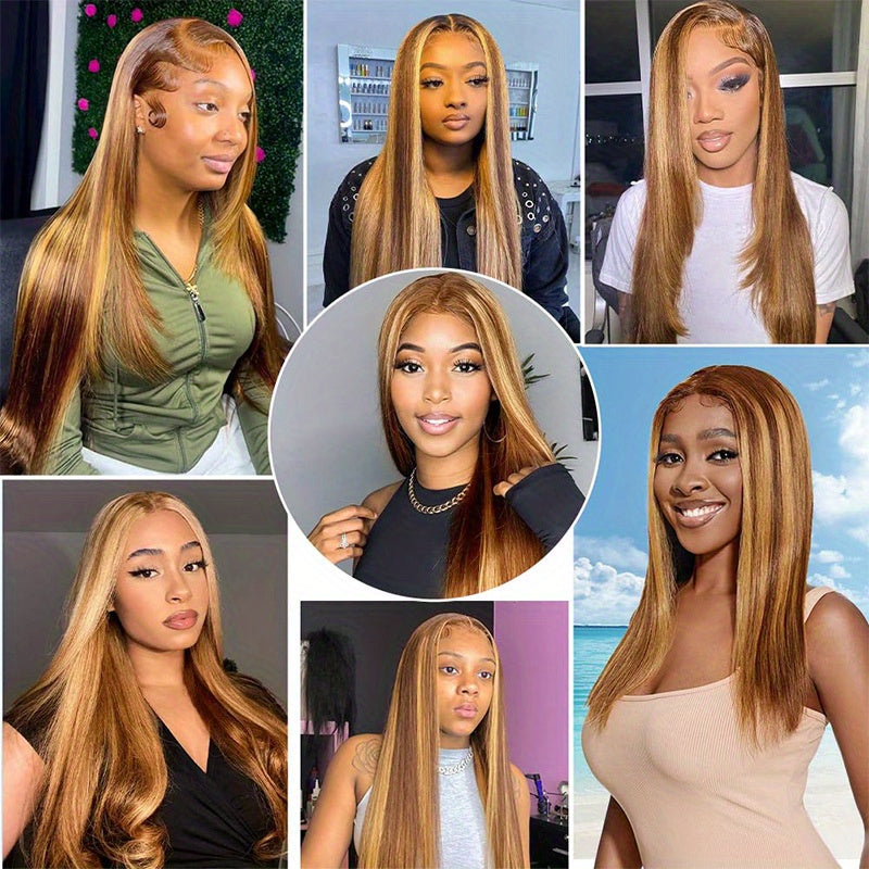 245% Density 4/27 Highlight Ombre Lace Front Wig Human Hair 13x5 Frontal HD Transparent Lace Pre Plucked Straight Lace Front Wig Human Hair Brown Colored Honey Blonde Lace Front Wig Human Hair