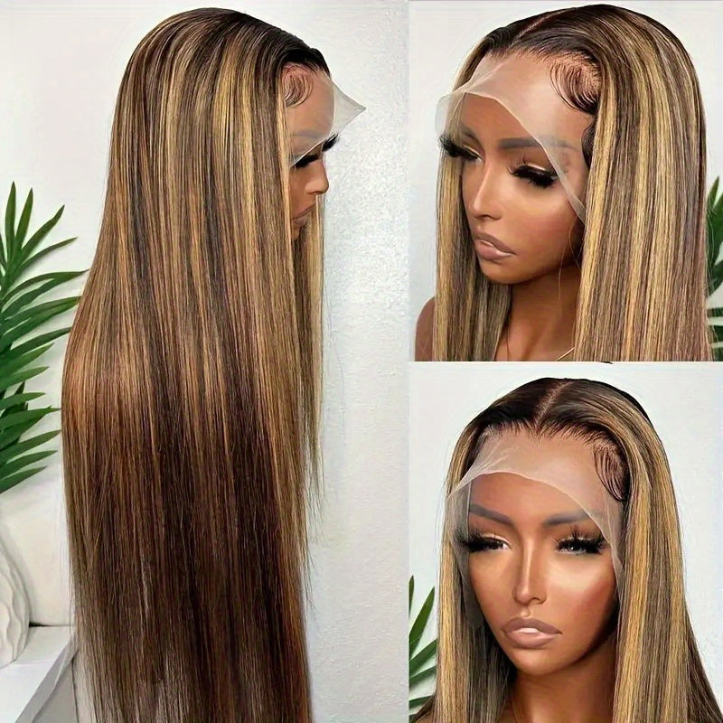 245% Density 4/27 Highlight Ombre Lace Front Wig Human Hair 13x5 Frontal HD Transparent Lace Pre Plucked Straight Lace Front Wig Human Hair Brown Colored Honey Blonde Lace Front Wig Human Hair