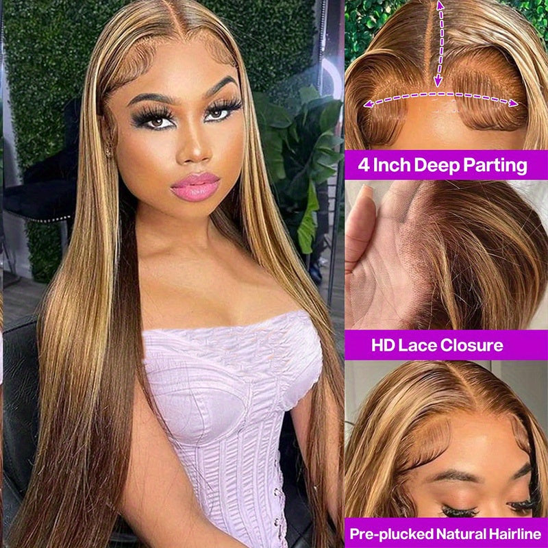 245% Density 4/27 Highlight Ombre Lace Front Wig Human Hair 13x5 Frontal HD Transparent Lace Pre Plucked Straight Lace Front Wig Human Hair Brown Colored Honey Blonde Lace Front Wig Human Hair