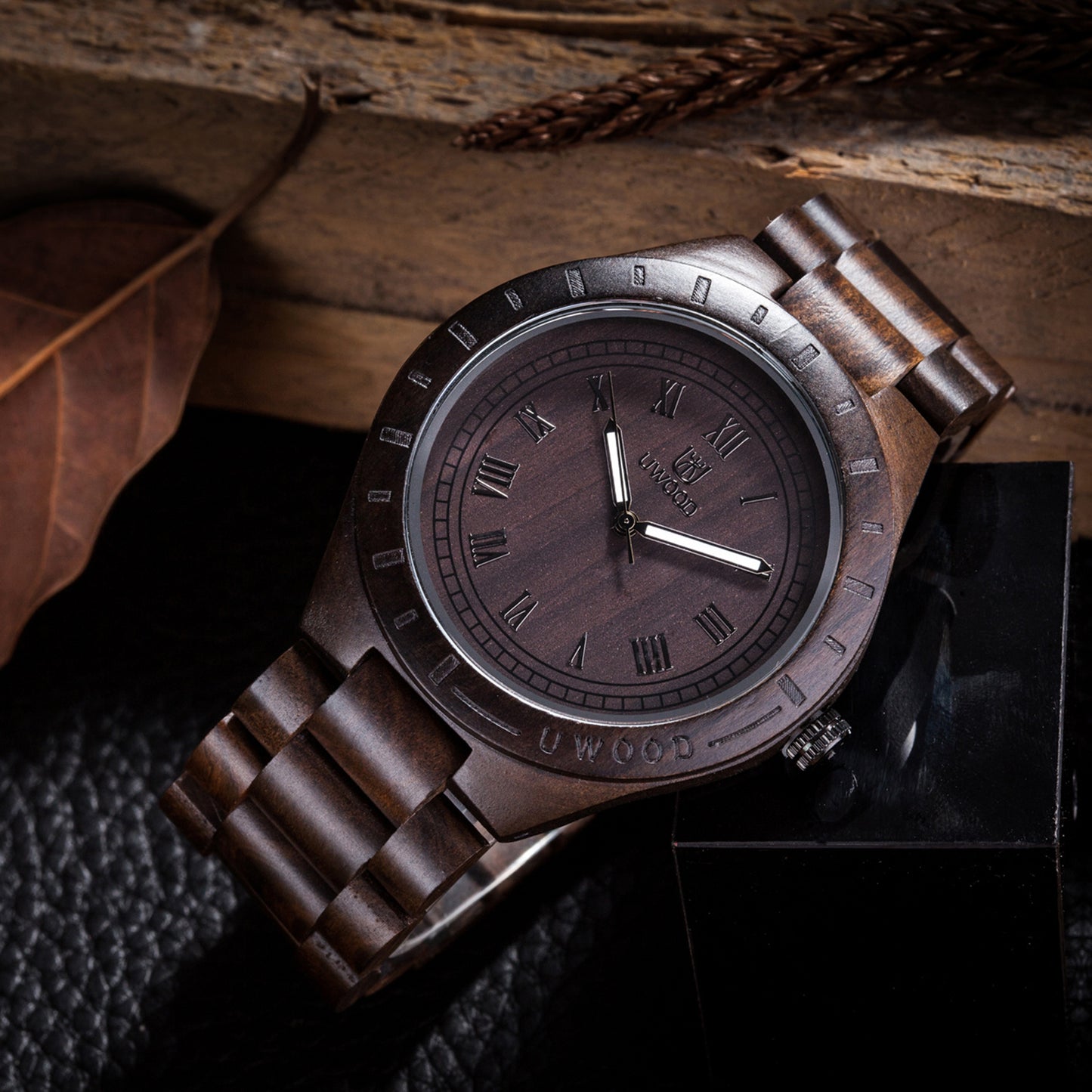 Black Sandal Solid Wooden UWOOD Mens Watch - Relogio Masculino Christmas Gift for Men