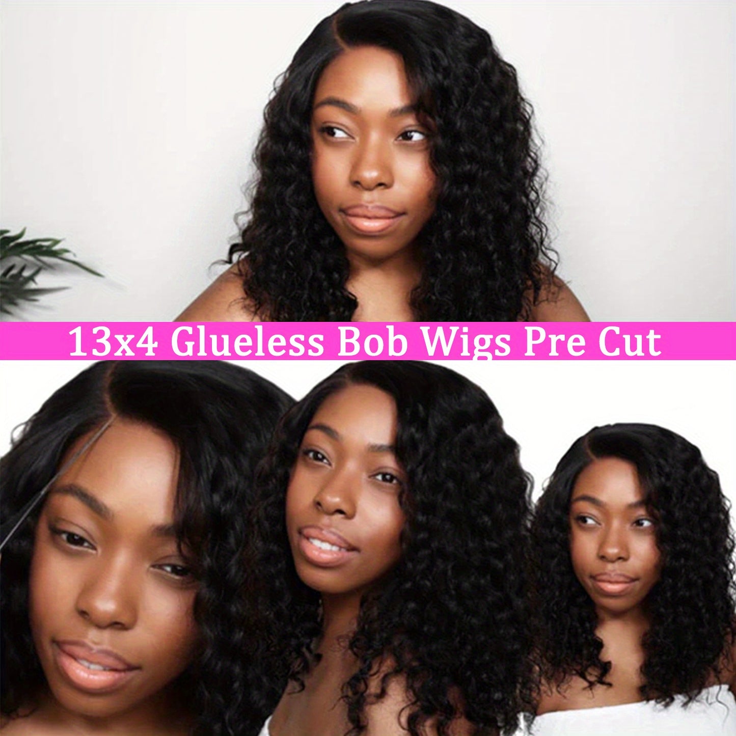 [13X4 Bouncy Deep Wave Wig] Tewig Bye Bye Knots 13X4 Bouncy Deep Wave Glueless Bob Wig 200% Density Wear to Go Glueless Wigs Human Hair Pre Plucked Pre Cut Bob Wigs Deep Wave Lace Front Wigs Upgraded