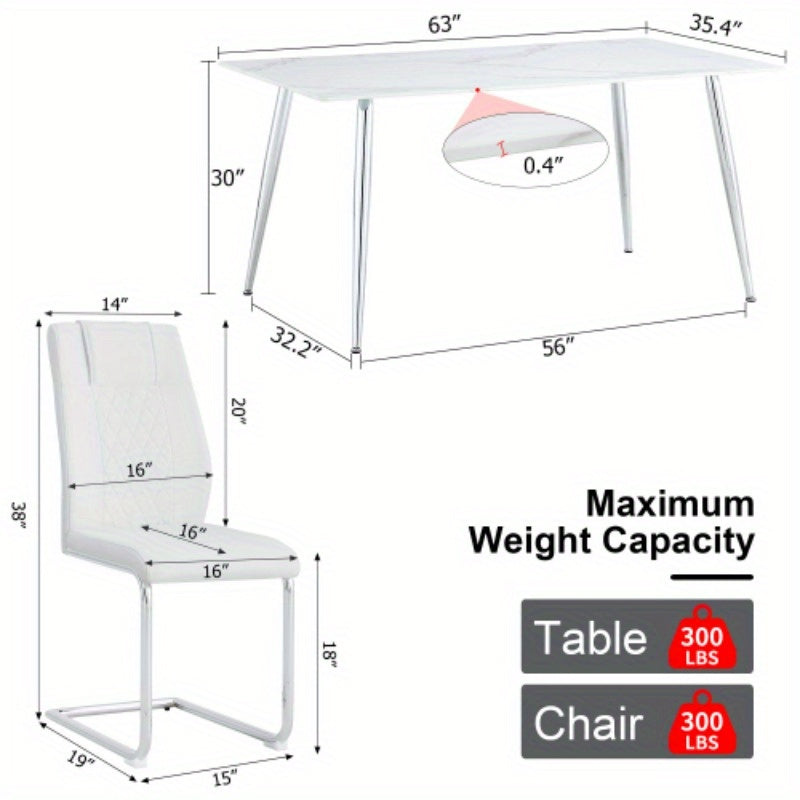 Table and chair set. 1 table and 6 white chairs. Rectangular dining table, 0.4 white imitation marble tabletop, silver metal table legs. Paired with 4 white chairs 1544 001