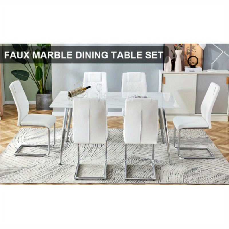 Table and chair set. 1 table and 6 white chairs. Rectangular dining table, 0.4 white imitation marble tabletop, silver metal table legs. Paired with 4 white chairs 1544 001