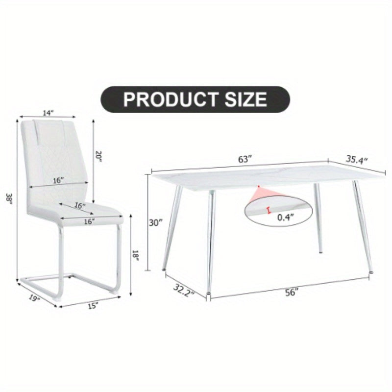 Table and chair set. 1 table and 6 white chairs. Rectangular dining table, 0.4 white imitation marble tabletop, silver metal table legs. Paired with 4 white chairs 1544 001