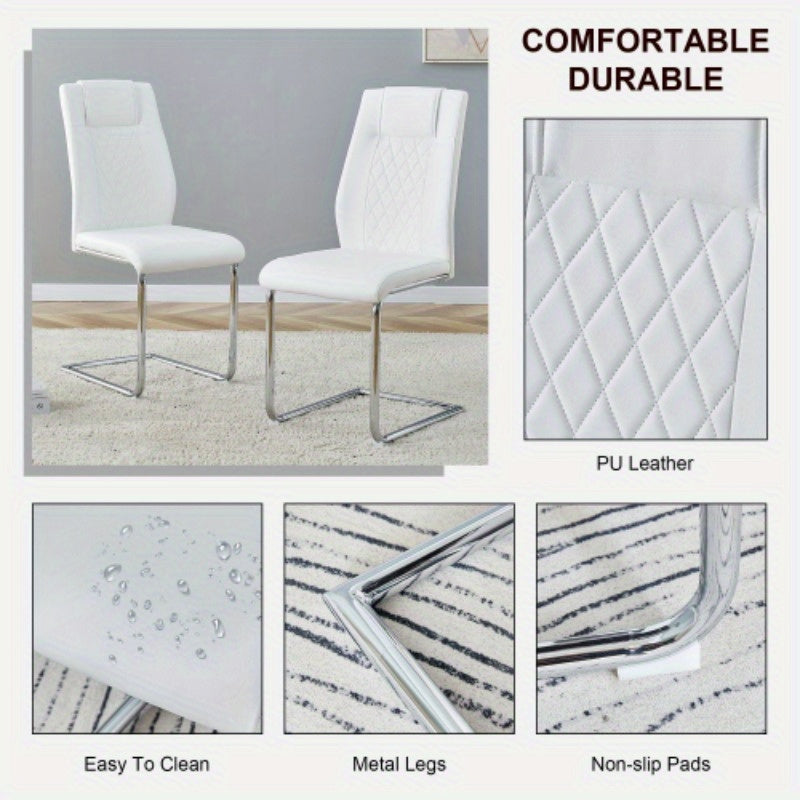 Table and chair set. 1 table and 6 white chairs. Rectangular dining table, 0.4 white imitation marble tabletop, silver metal table legs. Paired with 4 white chairs 1544 001