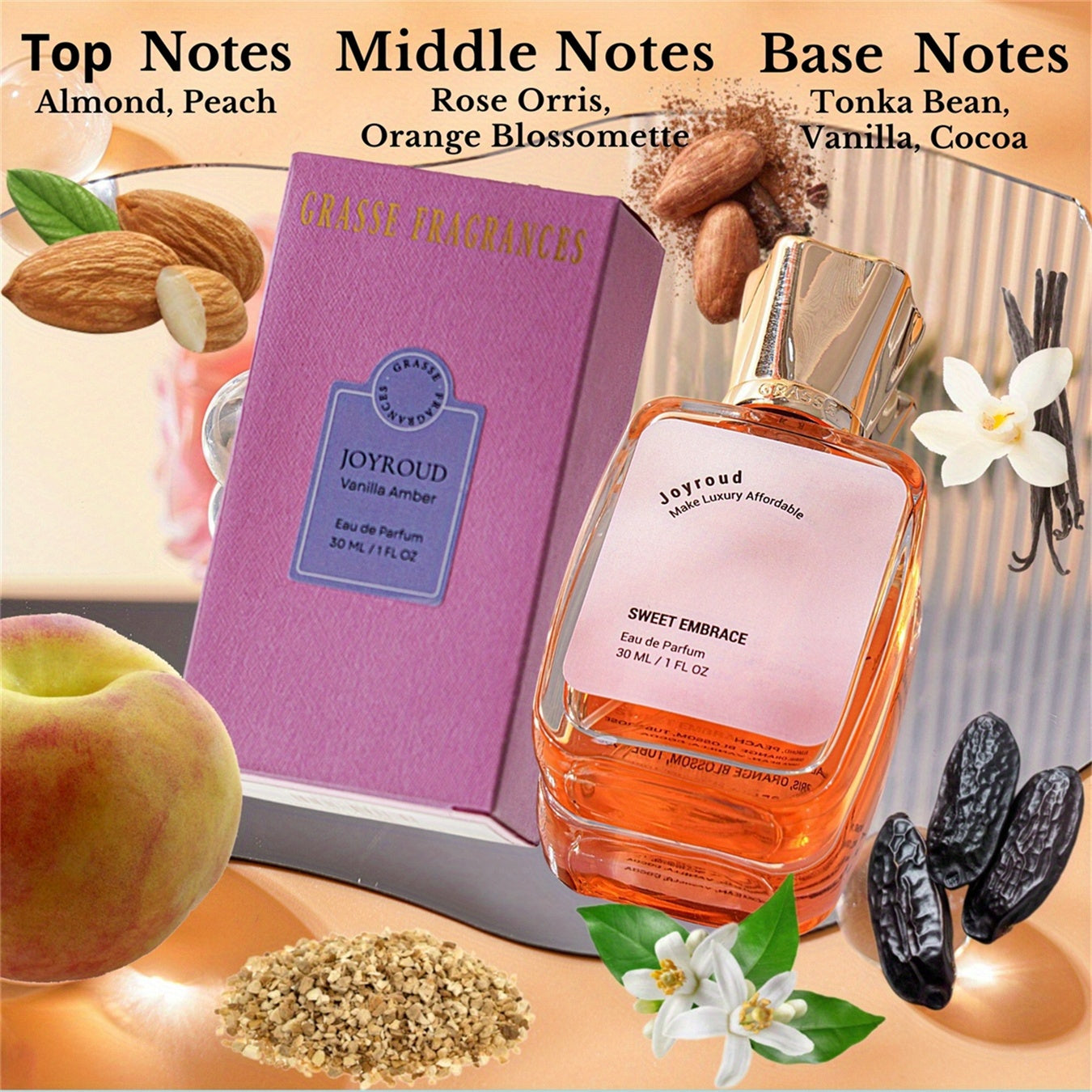 Joyroud Vanilla Amber Perfumes for Women, Exotic Oriental Floral Fragrance Spray for Modern Women, Peach & Almond, Sweet & Warm Eau De Parfum, Good Gift for Girls and Women