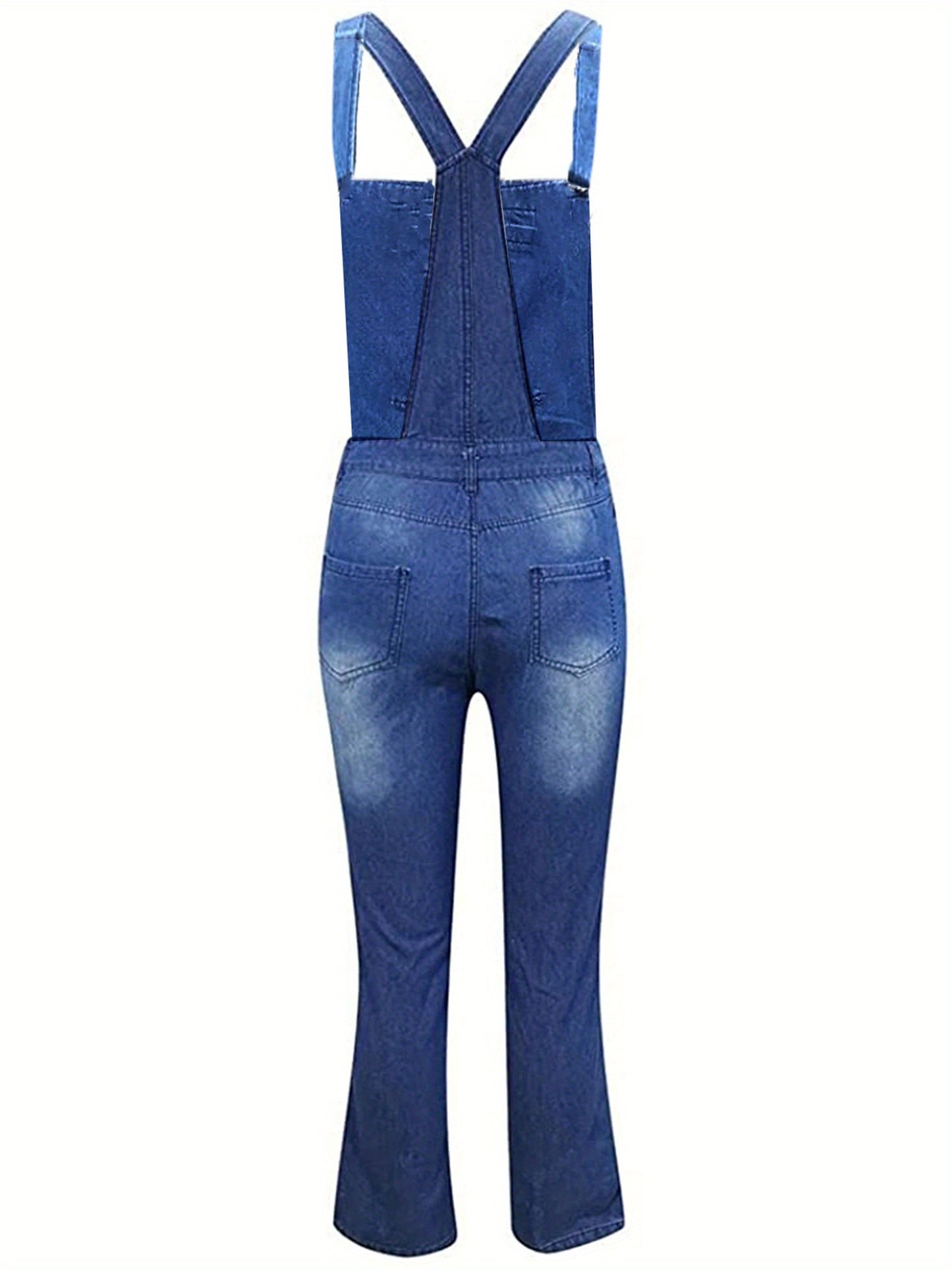 Women Denim Suspender Pants, Plain Buttons Shoulder Straps Ripped Overall Jeans, Ladies Backless Pencil Long Pants Jumpsuit