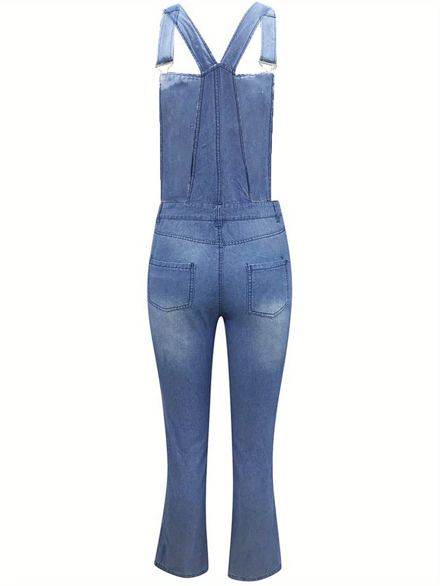 Women Denim Suspender Pants, Plain Buttons Shoulder Straps Ripped Overall Jeans, Ladies Backless Pencil Long Pants Jumpsuit