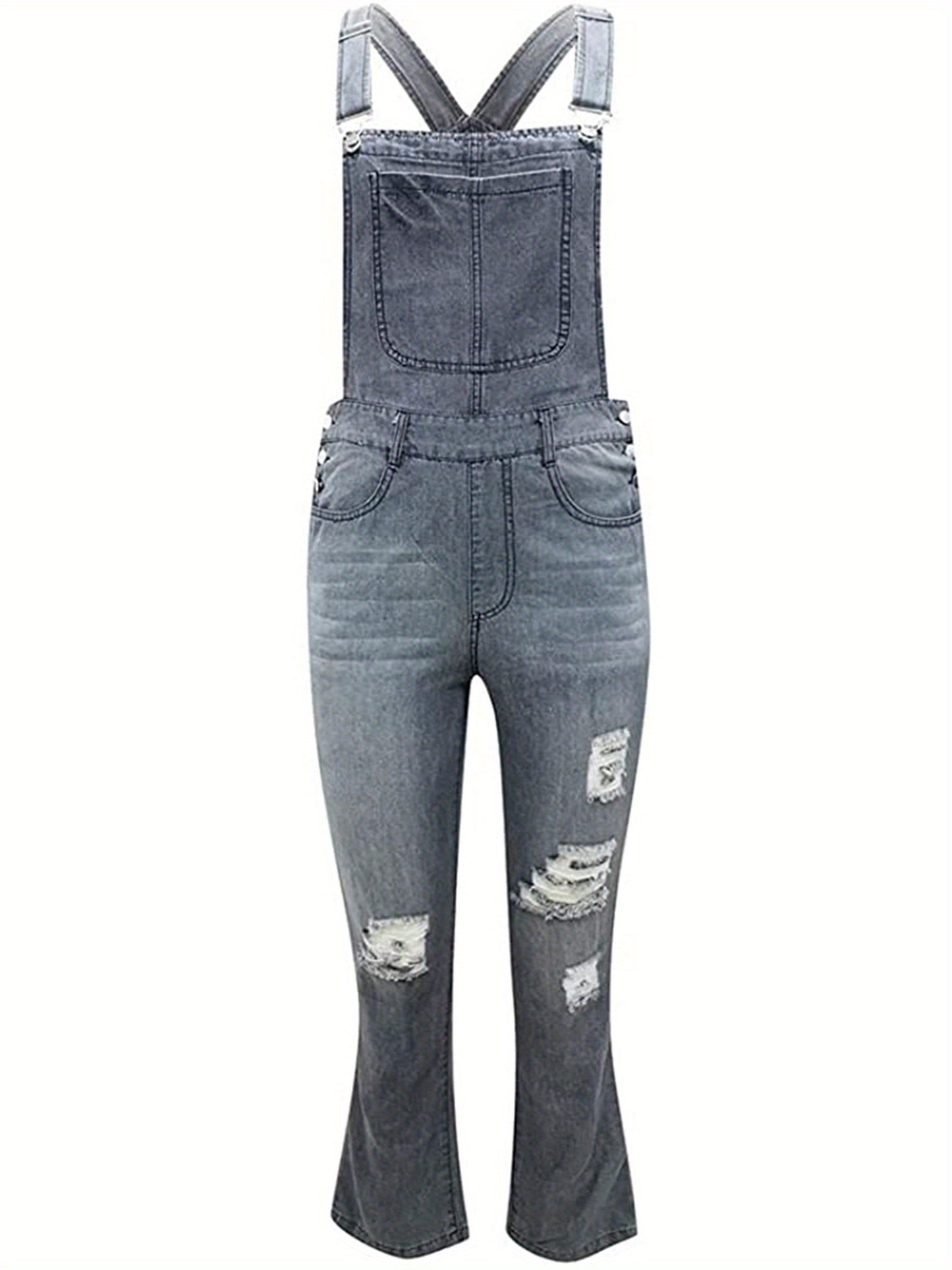 Women Denim Suspender Pants, Plain Buttons Shoulder Straps Ripped Overall Jeans, Ladies Backless Pencil Long Pants Jumpsuit