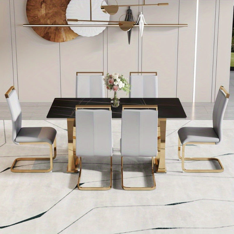 Table and chair set, Modern rectangular table with 0.4 inch black patterned tabletop and Golden legs, suitable for kitchen, dining room, and living room, Comfortable PU seats, perfect for dinner, meet