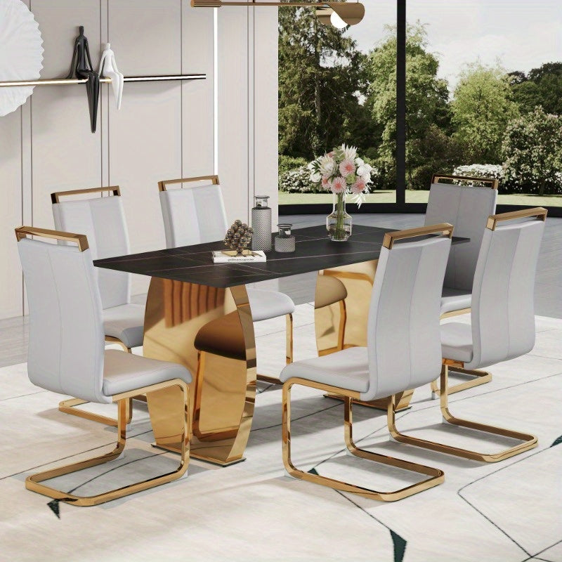 Table and chair set, Modern rectangular table with 0.4 inch black patterned tabletop and Golden legs, suitable for kitchen, dining room, and living room, Comfortable PU seats, perfect for dinner, meet